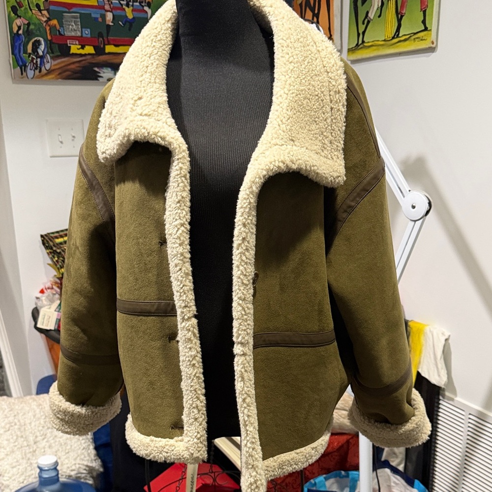 Cozy Olive Teddy Jacket with Cream Accents